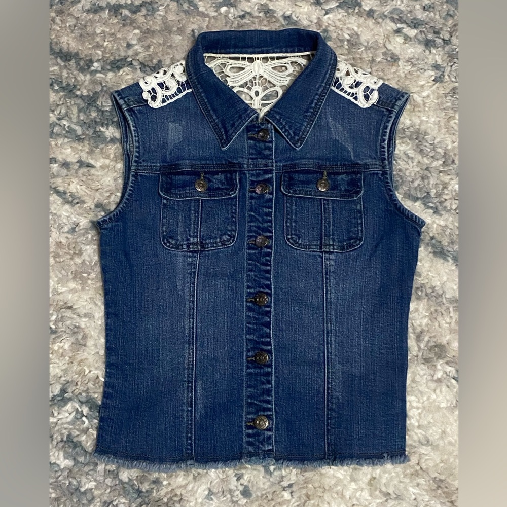 Denim Vest with Front Pockets and Decorative Inlay on back Medium
